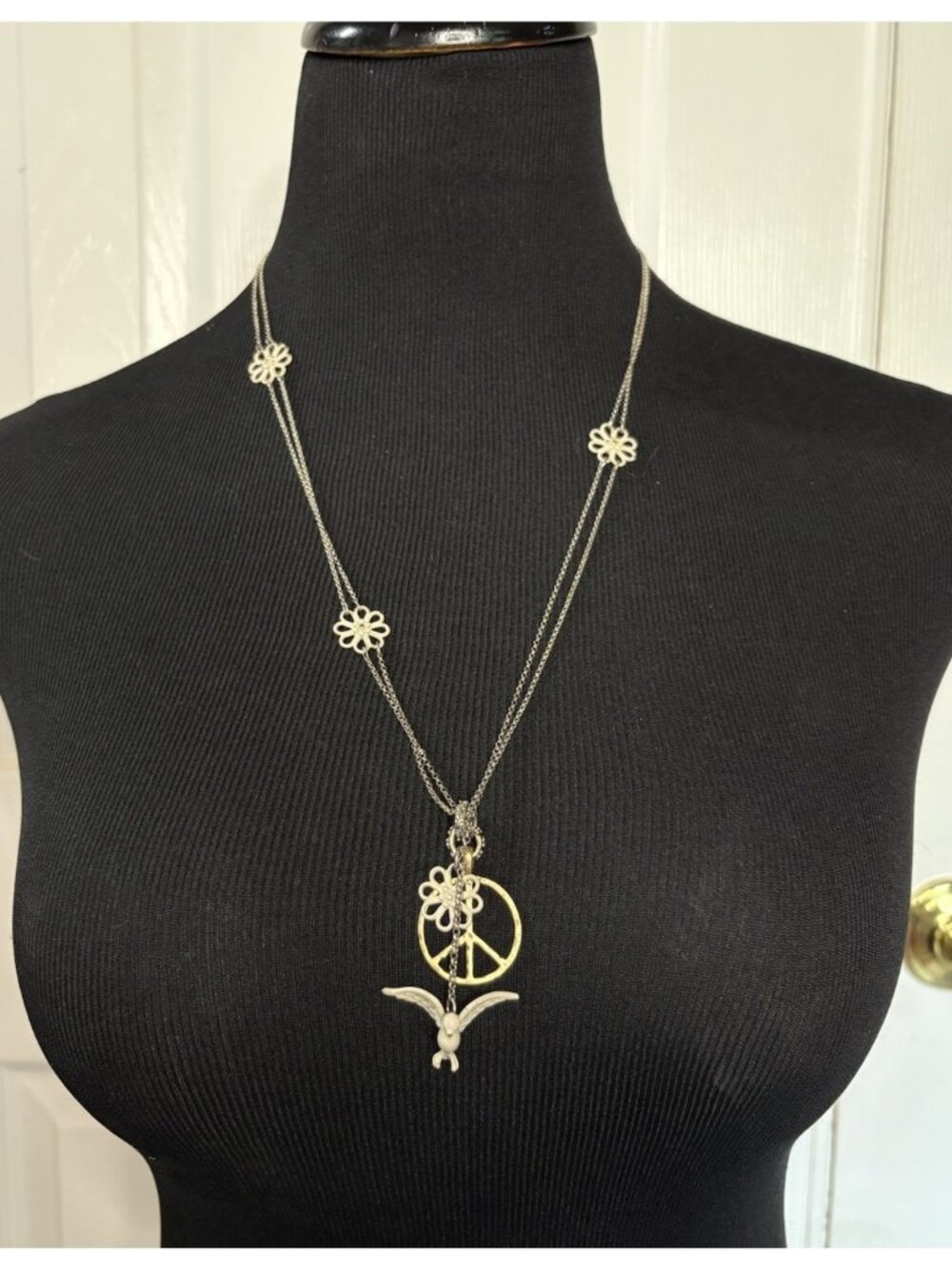 Lucky Brand Bird Flower Peace Long Charm Pendant Necklace Silver Tone Boho